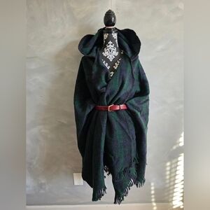 Vintage Tartan Plaid Poncho Hooded Wool Open Front Blue Green Amana OS Unisex